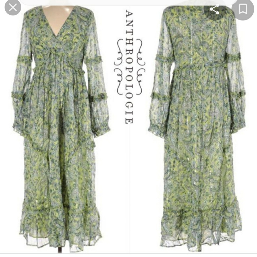 Anthropologie "Green multi rana gill metallic meadow paisley casual maxi dress.